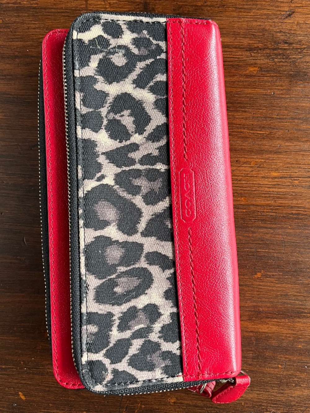 Coach Park Ocelot Leopard Print Double Zip Wallet Wristlet Red Leather